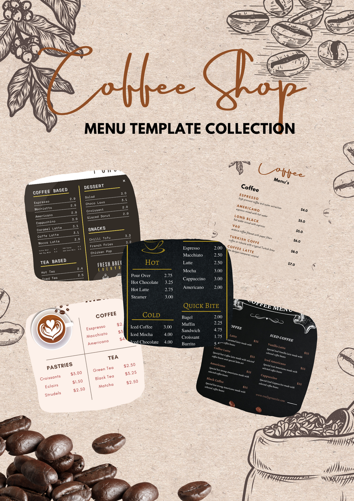 Coffee Shop Menu Template, 5 Pack of Digital Editable & Downloadable Files, Custom Menu, Business Template, Custom Barista Menu
