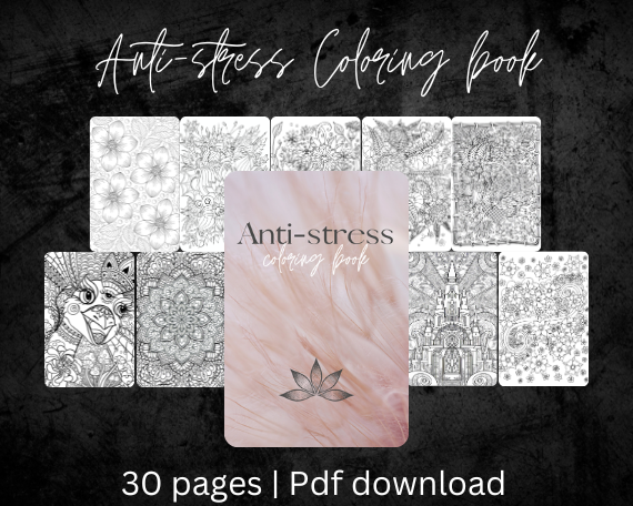 Anti-Stress Adult Coloring Book, Downloadable Pages for Adults, Digital Download, Printable Activity Book, Stress Relief, Aesthetic