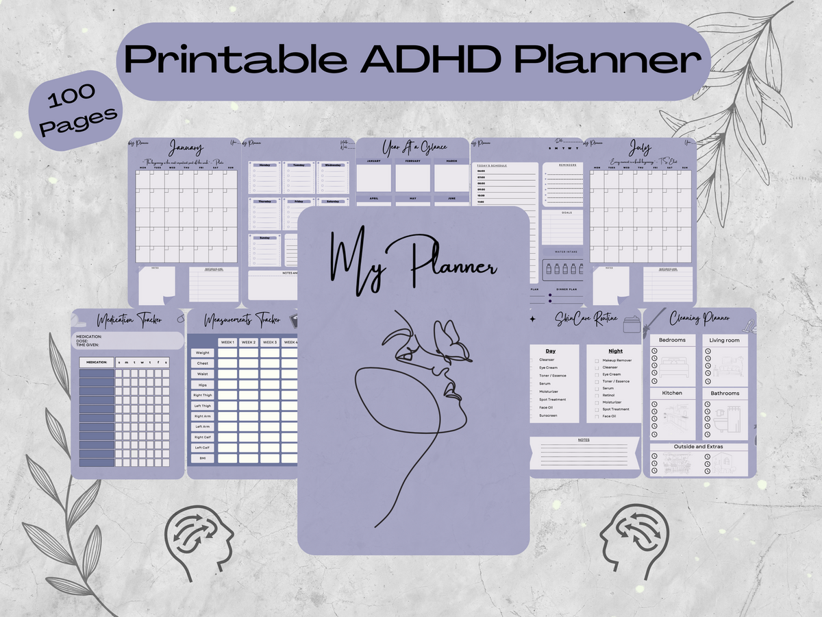 Adult ADHD Printable Planner, Organizer, Includes Daily Affirmations and Mental Health Tips, Downloadable, Aesthetic Organization for Adults