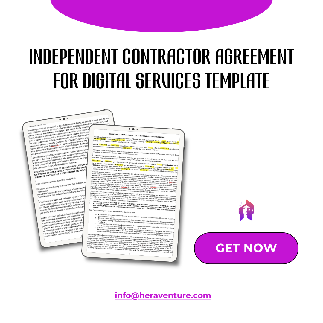 Independent Contractor Agreement for Digital Services Template, Contracts for Small Business, Downloadable, Work Agreement, Freelance Terms