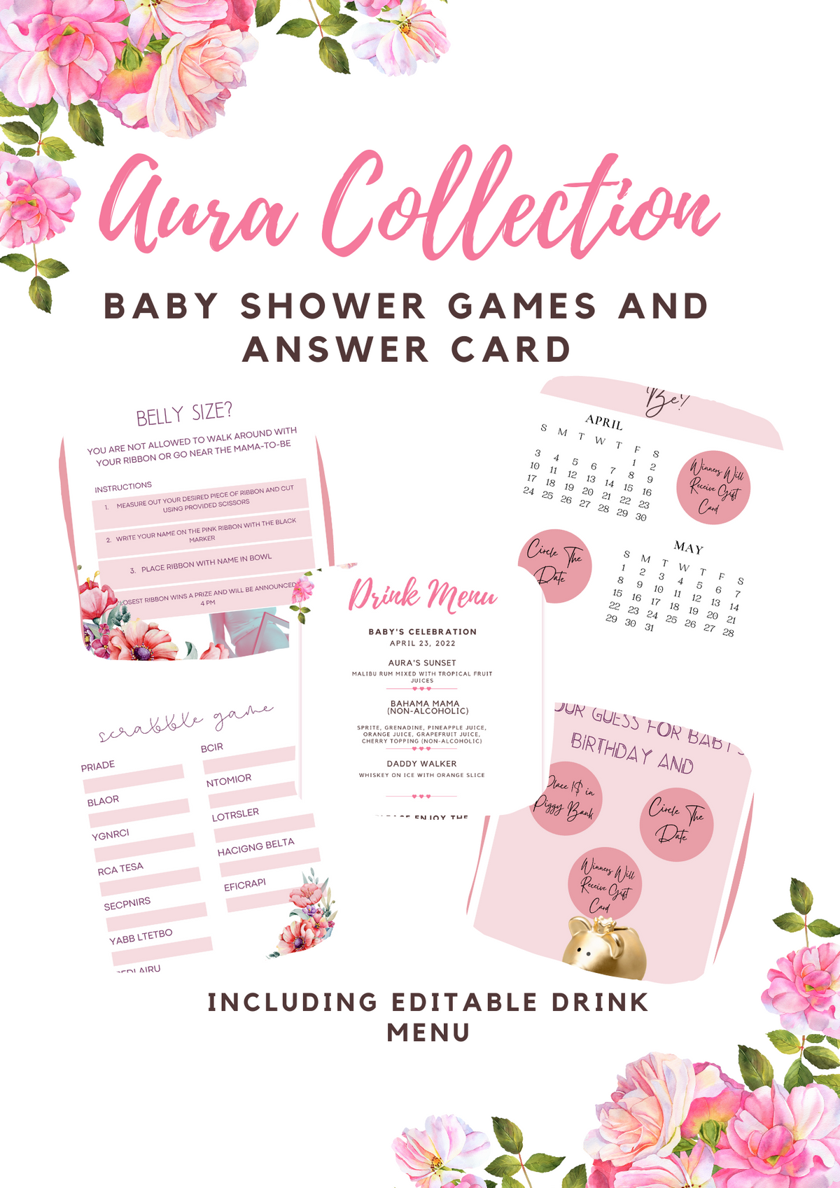 Girl Baby Shower Games and Drink Menu Digital Download, 10 Pack Downloadable, Printable and Cute Party Planner, Simple Party Planning